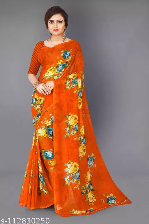 Georgette Orange saree With Blouse