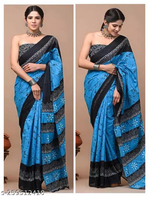 Hand Block Printed Pure Cotton Mulmul Saree